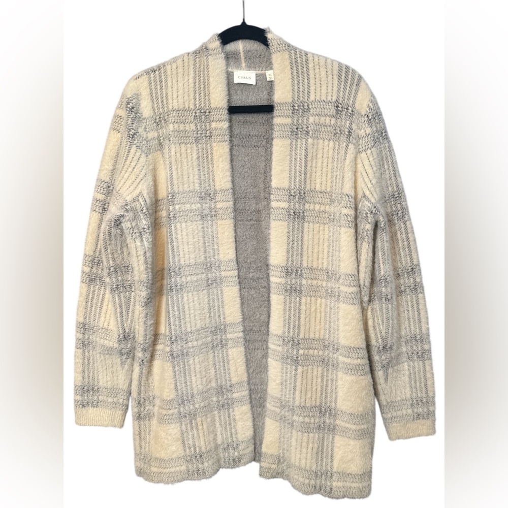 Cyrus Plaid Fuzzy Open Front Cardigan‎ Sweater XL Gray Cream